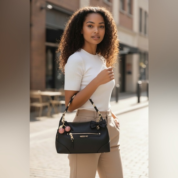 Steve Madden Black Shoulder Bag with Gold Accents and Bag Charms - Picture 3 of 11